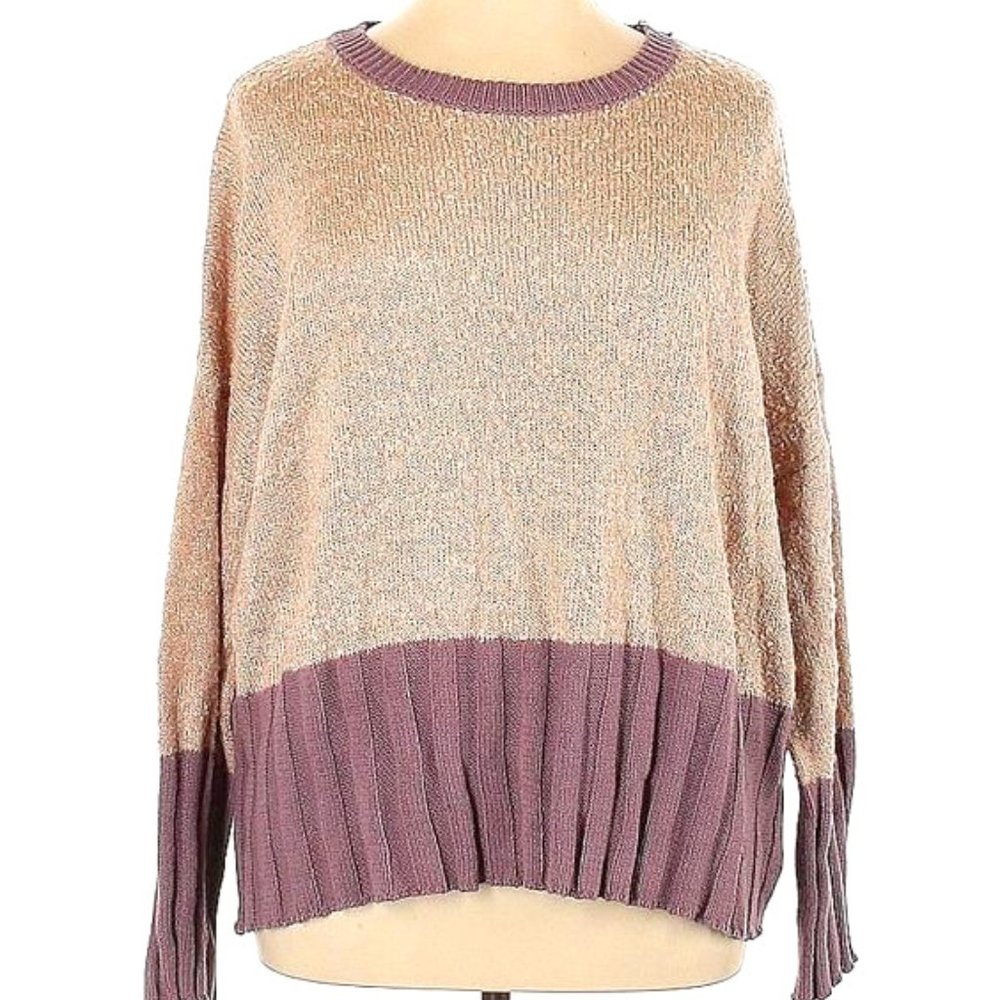 Umgee Champagne Mauve Colorblock Crewneck Textured Sweater Womens Plus Size 1X - Picture 2 of 3
